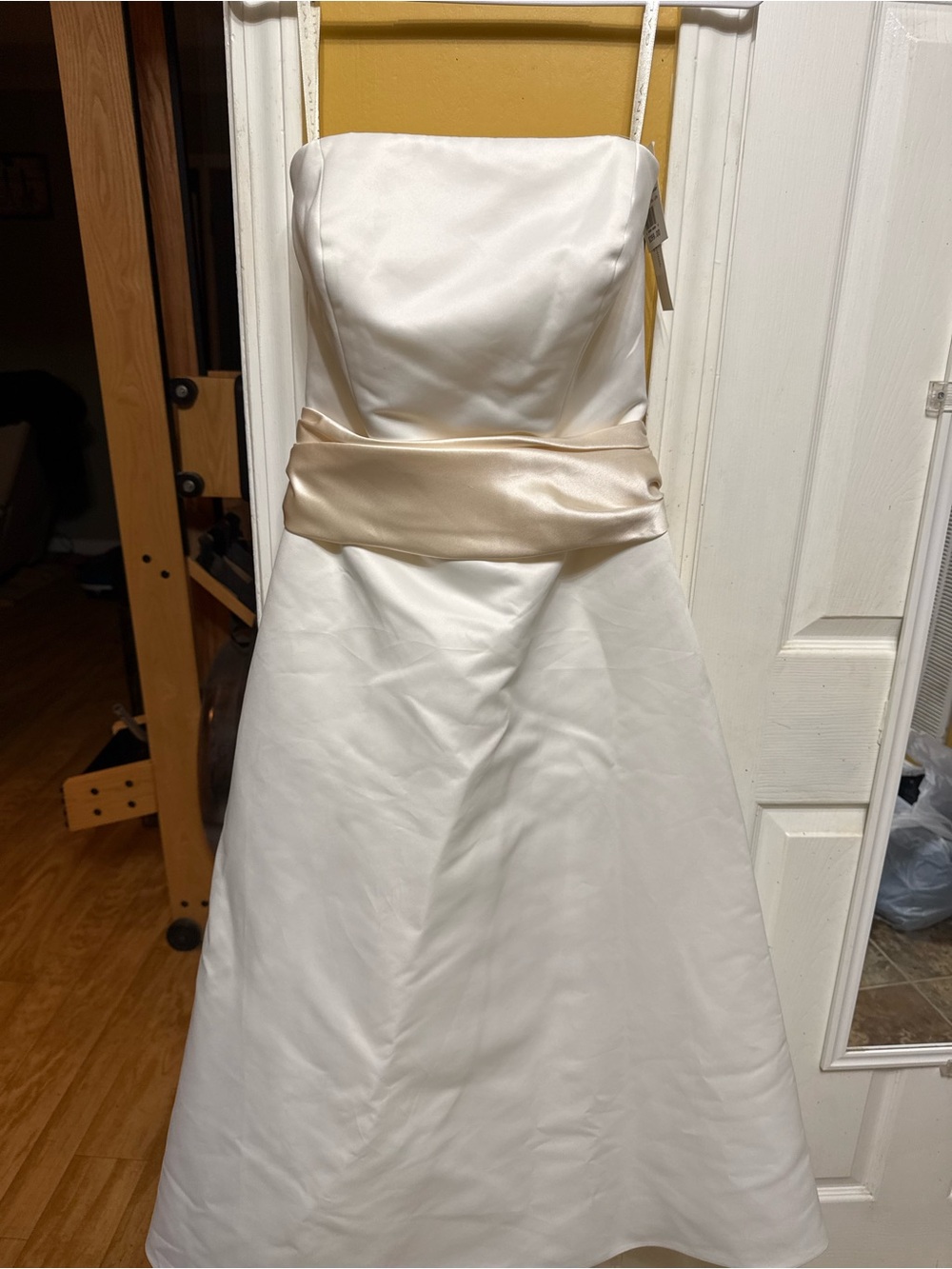 Galina Strapless Satin Tea Length Wedding Dress Ivory Champagne Sz 10 NWT